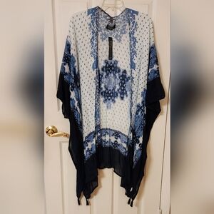 Shore Drive Navy White Coverup Kimono Top with Tassels NWT Gorgeous